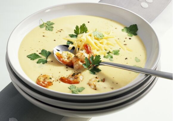 A Mediterranean diet lunch might include cream of cheese and seafood soup.
